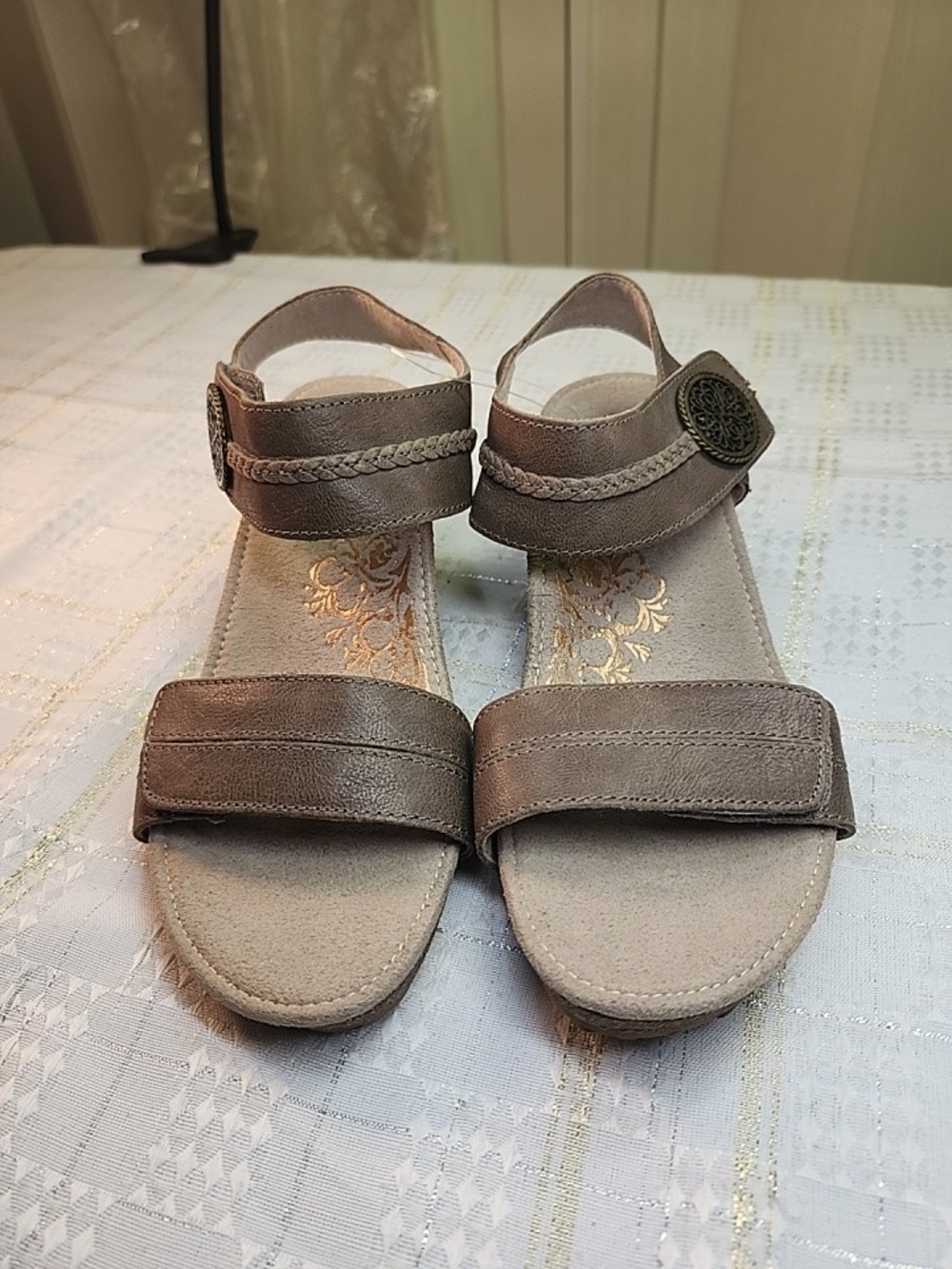 Aetrex Taupe Metallic Braided Strap Sandals